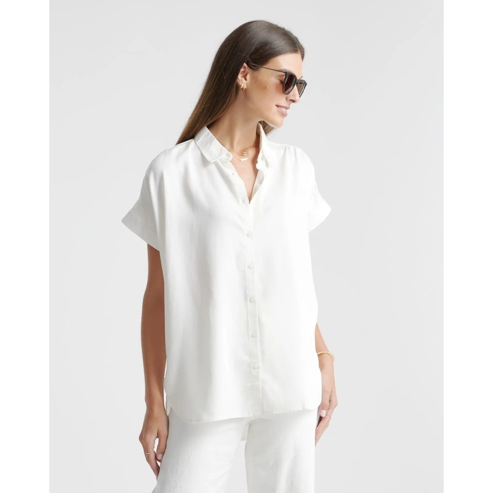 Quince Vintage Wash Tencel Camp Shirt White Women's Medium NWT Preppy Summer
